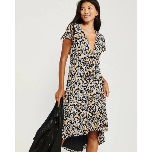 Abercrombie & Fitch Floral High-Low Flare Midi Dress Pocket Boho Bohemian XS - Picture 2 of 15